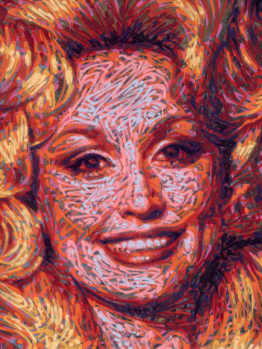 Graffiti spray can portrait by Ben Jay of Blank Space Removal of a closeup of Dolly Parton's face and bouffant hair.