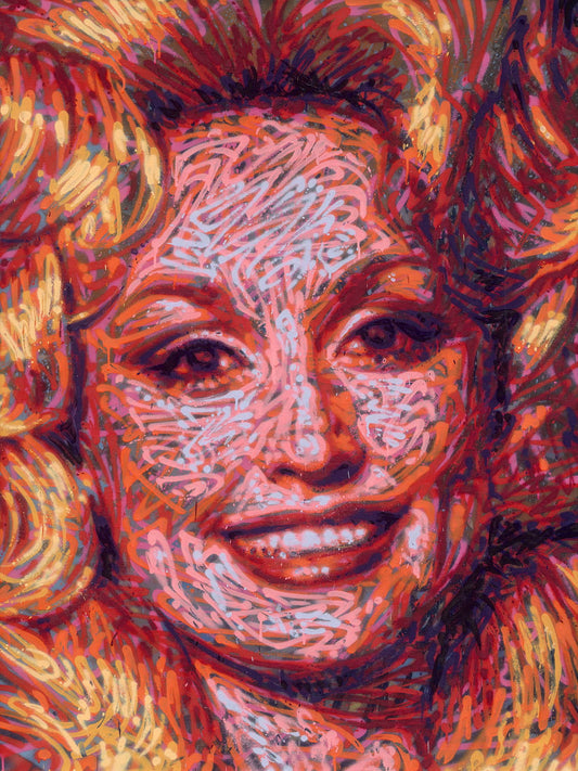 Graffiti spray can portrait by Ben Jay of Blank Space Removal of a closeup of Dolly Parton's face and bouffant hair.